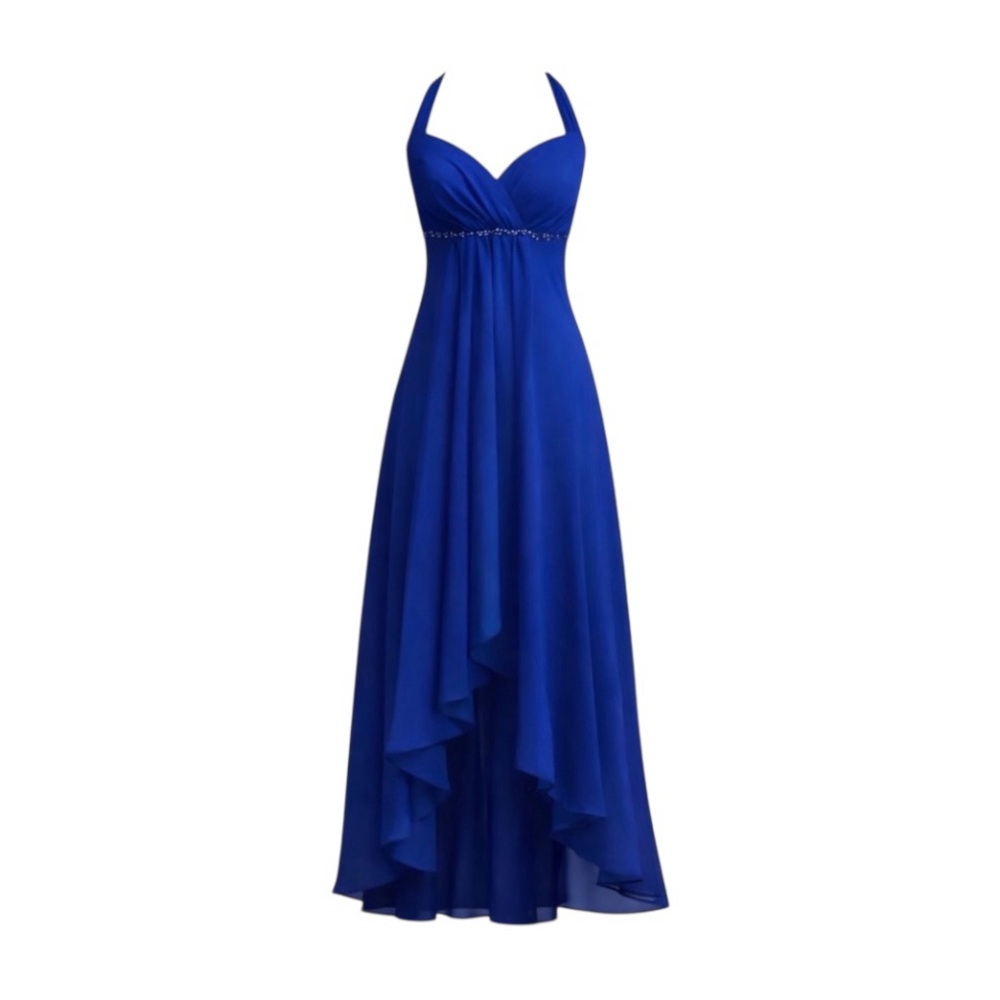 David’s Bridal NWT Discontinued Royal Blue Chiffon Hi-Low Halter Dress Size 6